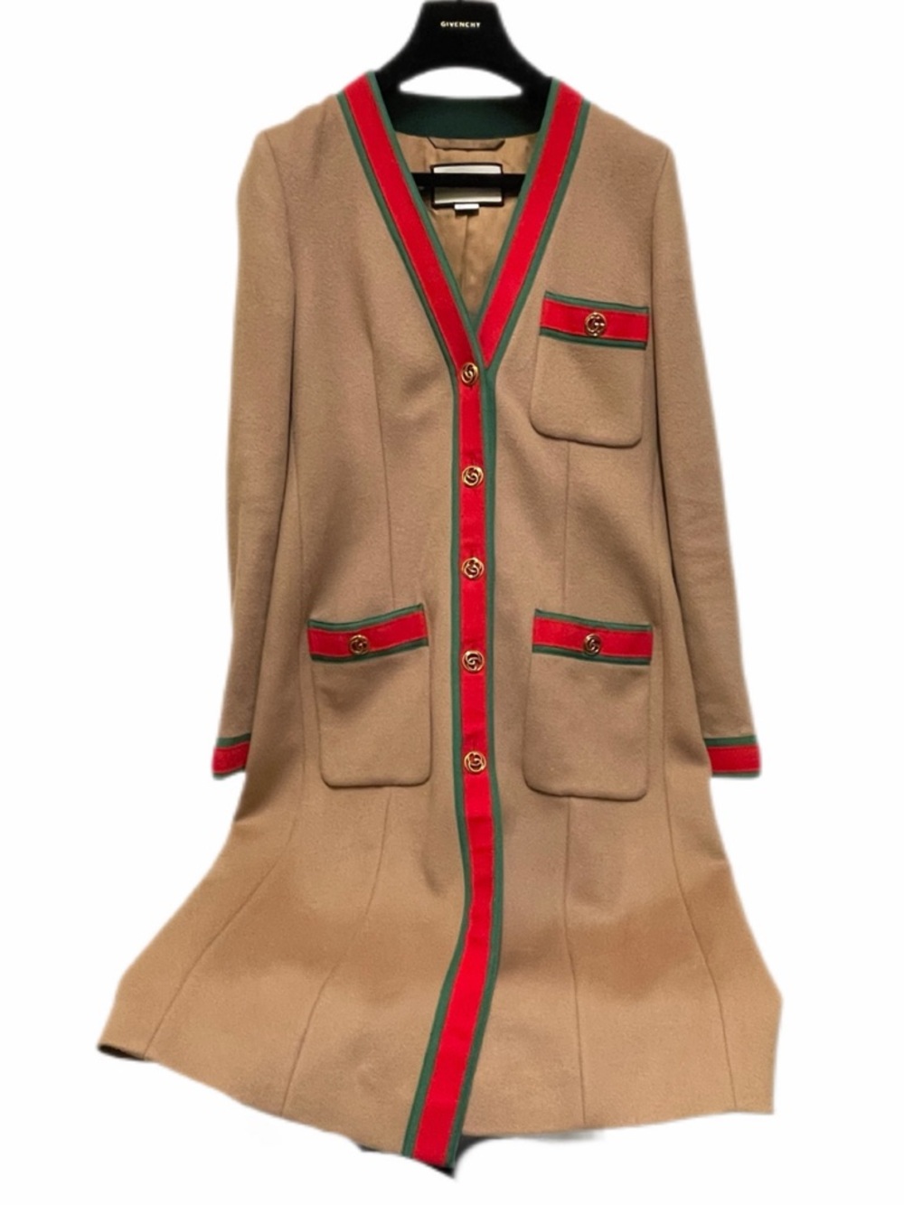 Gucci Camel Beige Wool Long Coat with Green Red Webbing GG Buttons IT 38 XS/S - Picture 2 of 11